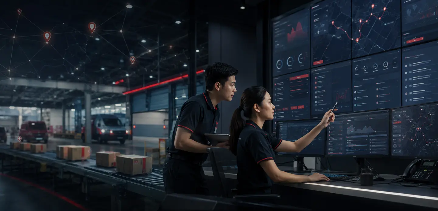 Đội vận hành logistics theo dõi hành trình và dữ liệu vận đơn trên hệ thống điều phối